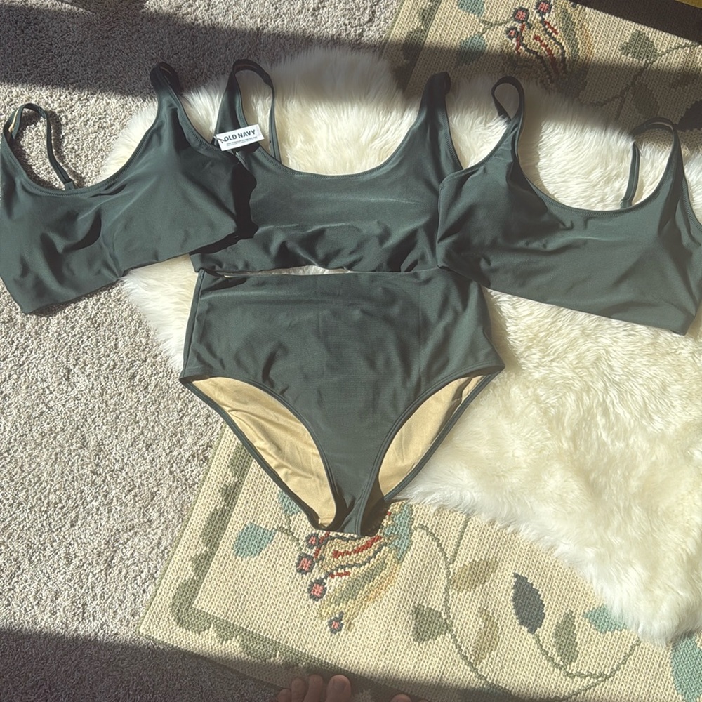 Never worn selection of dark green Old Navy bathing suit tops (3) and bottom (1)